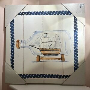 Canvas Art Ship in a Bottle Distressed Stretched Canvas Nautical Coastal Beach